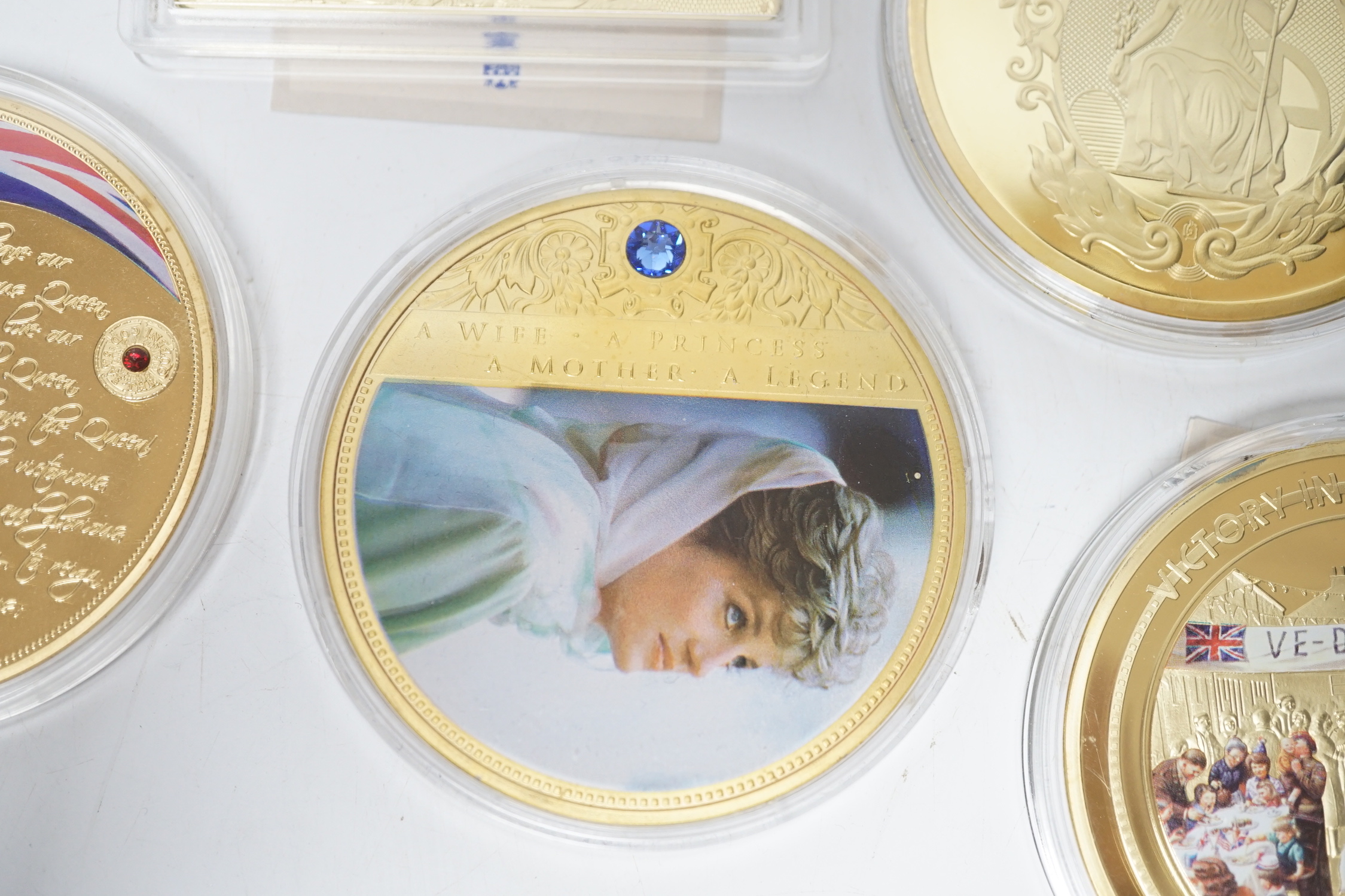 Five large gold plated commemorative medallions for VE Day, Princess Diana, The Queen, etc.